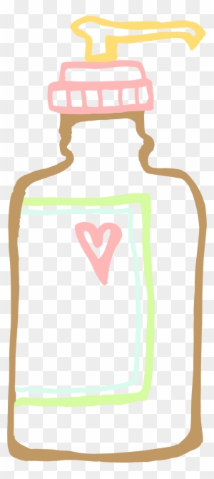 Hand-drawn illustration of a brown bottle with pink heart label and yellow pump dispenser, on transparent background.