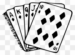 A black-and-white illustration of a royal flush in diamonds: Ace, King, Queen, Jack, and Ten.
