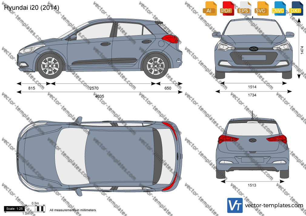 Hyundai i20 (2014) technical blueprint with side, front, top, and rear views and precise dimensional measurements in mm.