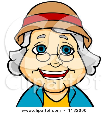 Cheerful elderly woman with gray hair, glasses, and a brown hat smiling warmly.