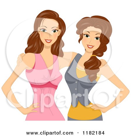 Two smiling women posing together, one in pink dress and the other in gray vest over yellow top, arms around each other.