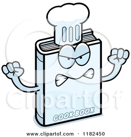 Angry cartoon cookbook with chef’s hat, arms raised in frustration.