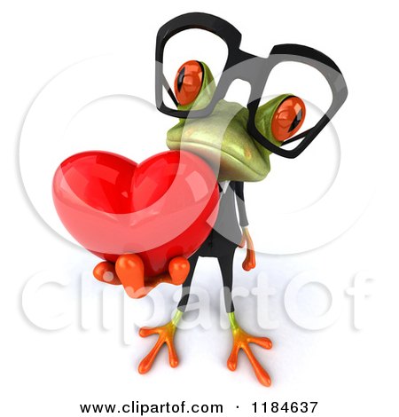 A cartoon green frog wearing oversized black glasses holds a shiny red heart, standing on white background.