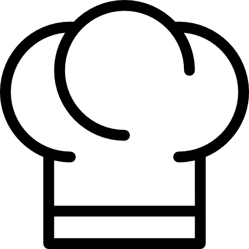 Black-and-white line art icon of a classic pleated chef's hat (toque blanche) on white background.