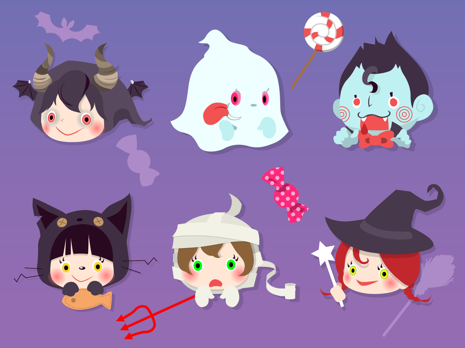 Six cute Halloween-themed cartoon characters including ghost, vampire, witch, mummy, devil, and cat girl with candies and props on purple background.