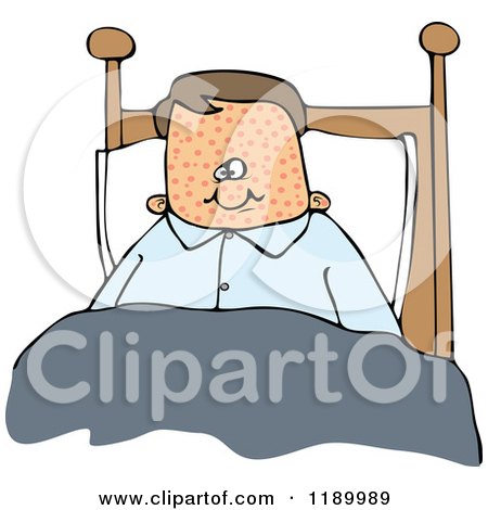 A cartoon man with chickenpox lying in bed, covered by a blanket, smiling despite the rash on his face.