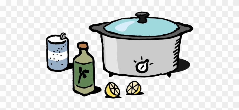 Slow cooker with lemon halves, olive oil bottle, and salt shaker on checkered background.
