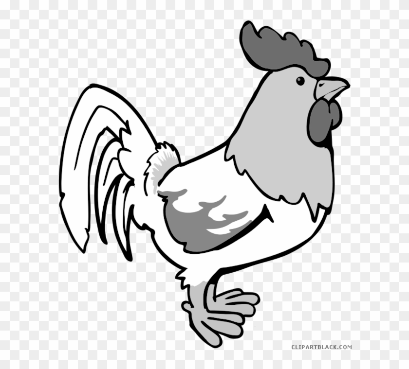 Black-and-white cartoon rooster with prominent comb, wattle, and tail feathers, standing alert on transparent background.