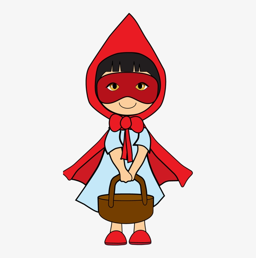 A cartoon Little Red Riding Hood wearing a red hooded cloak, mask, and holding a brown basket.