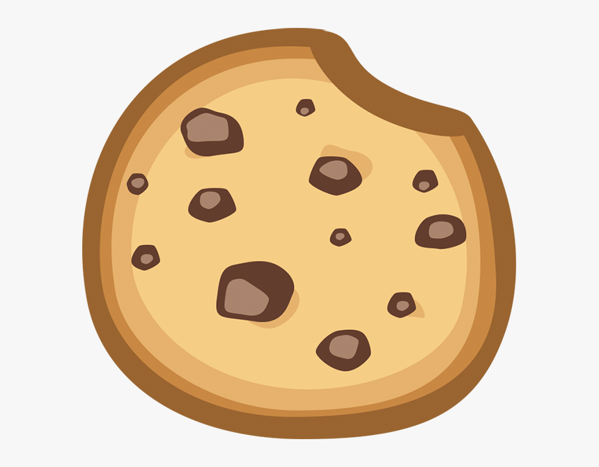 A cartoon-style chocolate chip cookie with a bite taken out of the top right edge, featuring golden-brown dough and scattered chocolate chunks.