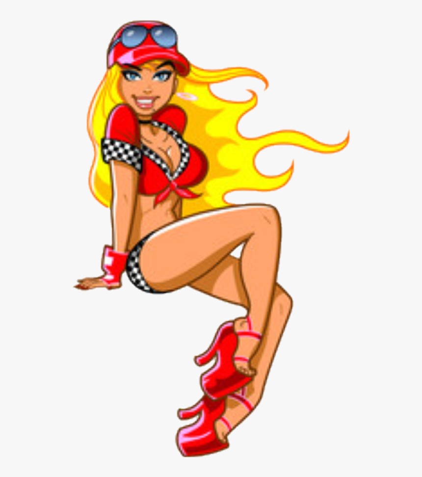 Stylized pin-up girl with blonde hair, red cap, checkered outfit, and flame motif, posing dynamically in high heels.