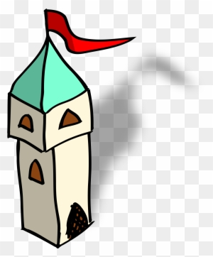 Hand-drawn cartoon tower with teal roof, red flag, and arched windows on transparent background.