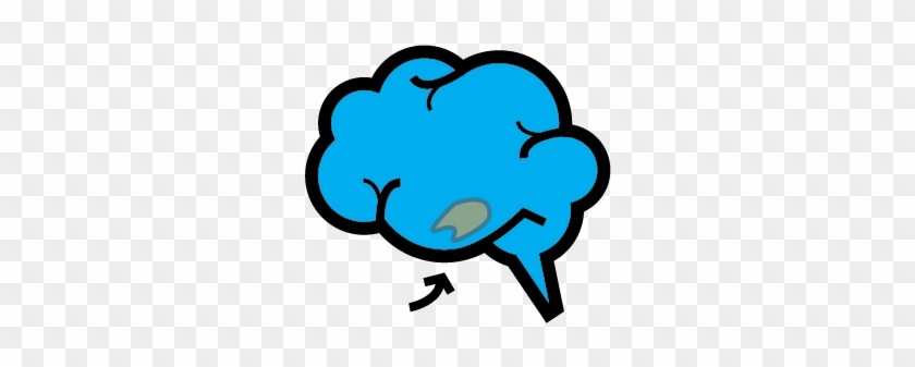 A cartoon-style blue brain with a speech bubble and arrow, symbolizing thinking or idea generation.