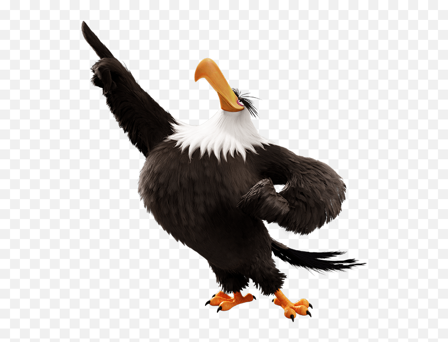 Animated bald eagle character striking a confident pose with one wing raised and orange talons visible.
