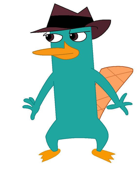 Perry the Platypus in a fedora, standing alert with orange beak and webbed feet.