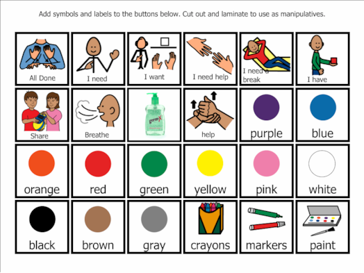 Visual communication board with AAC symbols for needs, emotions, colors, and art supplies; designed for laminated manipulatives.