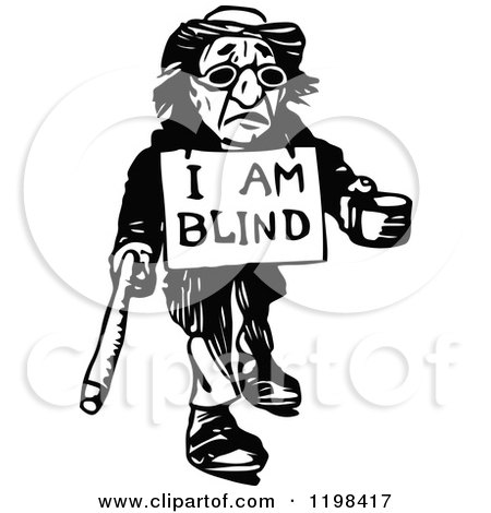 Black-and-white illustration of an elderly blind man with cane, sign reading "I AM BLIND", and cup for donations.