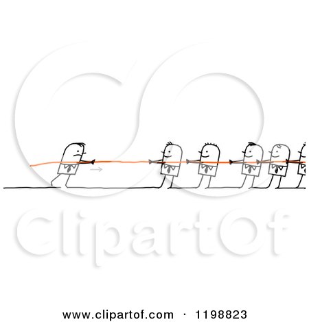 A cartoon of five stick-figure businessmen pulling a rope in a tug-of-war, with one pulling the opposite direction.