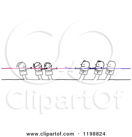 Six stick-figure people pulling a rope in opposite directions, symbolizing teamwork or conflict resolution.