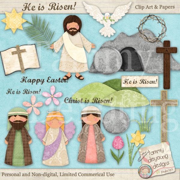 Easter clip art set featuring Jesus risen, angels, cross, empty tomb, dove, crown of thorns, flowers, and "He is Risen!" text.