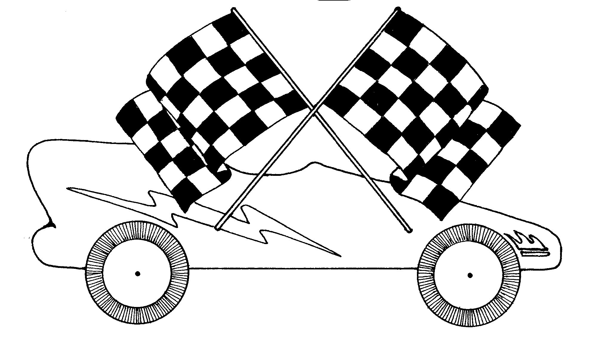 Racing car with crossed checkered flags, stylized line drawing for coloring or decoration.