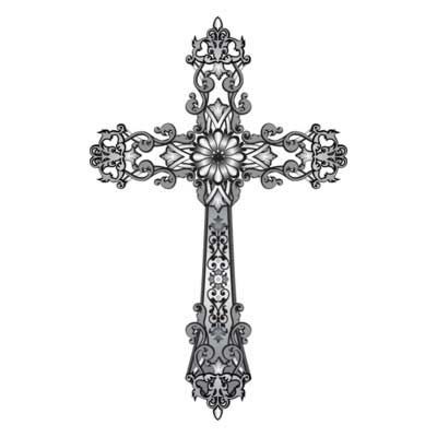 Intricately detailed silver cross with floral motifs and ornate scrollwork, rendered in grayscale.