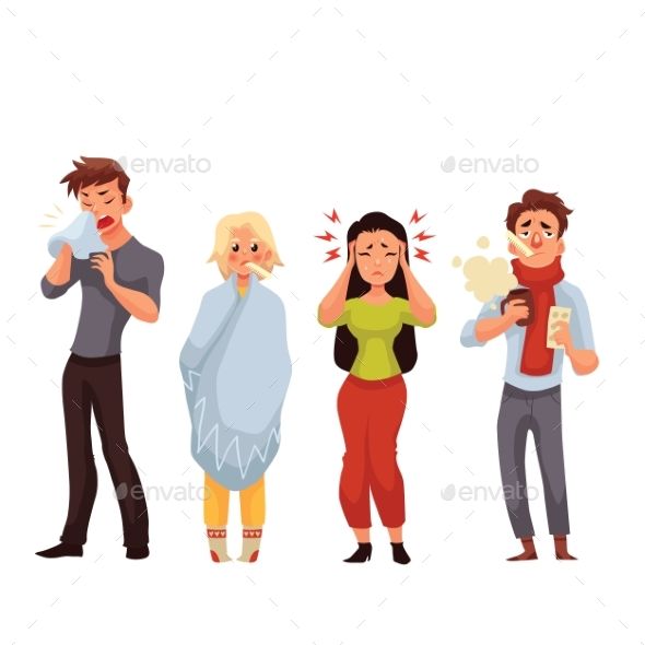 Four cartoon characters showing symptoms of illness: coughing, fever, headache, and nasal congestion with tissue use.