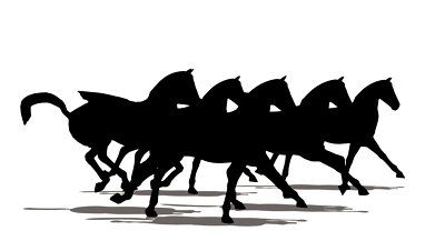 Silhouette of five galloping horses in motion, black on white background with subtle shadows.