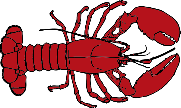 A bold red illustration of a lobster with prominent claws, segmented body, and antennae against a black background.
