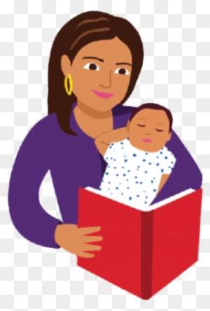 A woman in a purple top reads a red book while holding a sleeping baby in her arms.