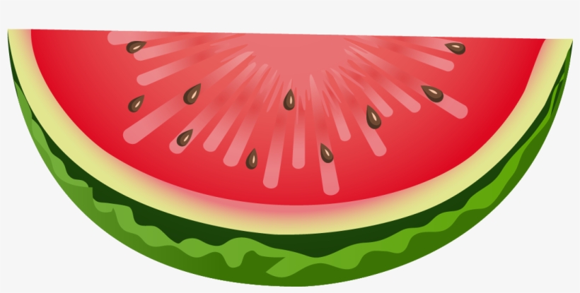 A vibrant slice of watermelon with red flesh, black seeds, and green rind, illustrated in a clean cartoon style.