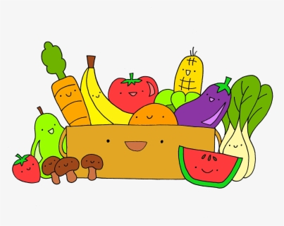 Cheerful cartoon vegetables and fruits in a smiling wooden crate, including carrot, banana, tomato, corn, eggplant, mushrooms, watermelon, and bok choy.