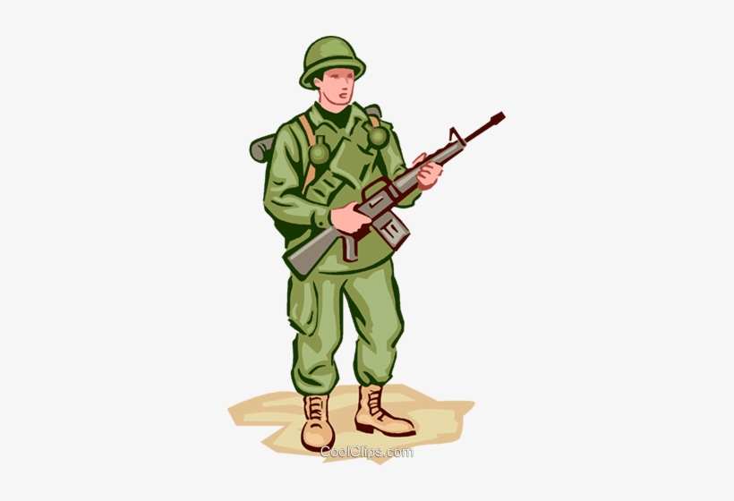 Green-uniformed soldier holding rifle, standing alert with helmet and backpack.