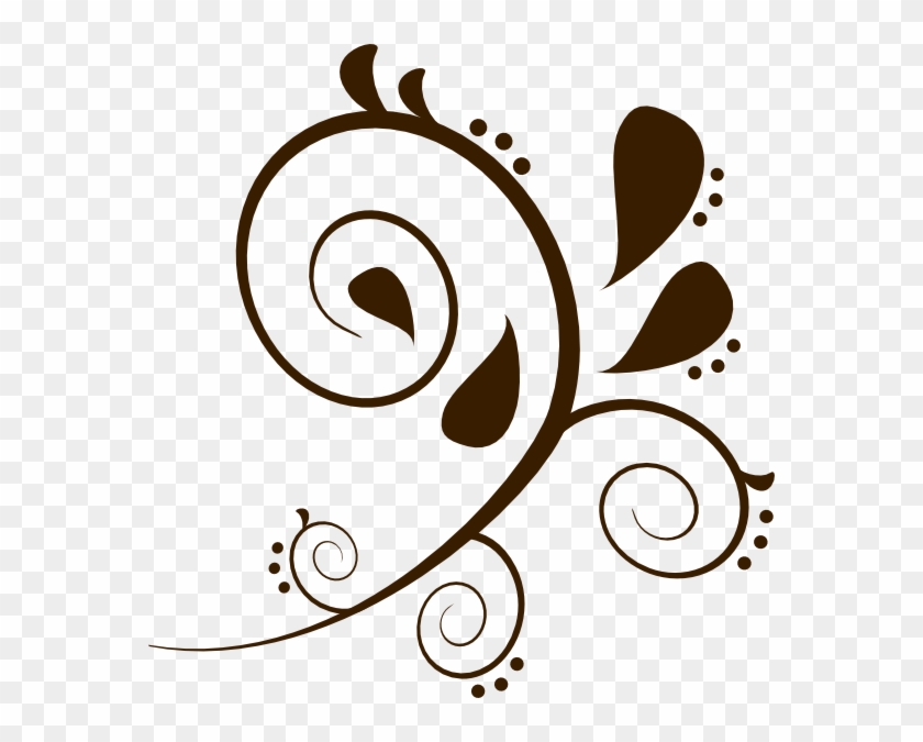 Elegant brown floral swirl design with teardrop leaves and dotted accents on transparent background.