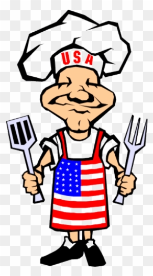 Cartoon chef wearing USA-themed hat and apron, holding spatula and fork.