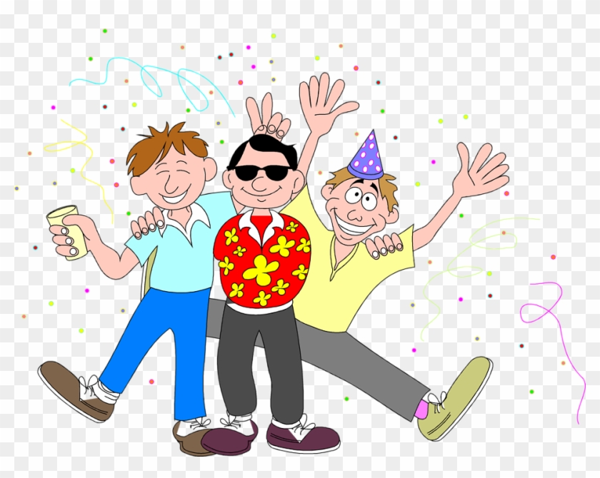 Three cheerful cartoon men celebrating with confetti, drinks, and party hats.