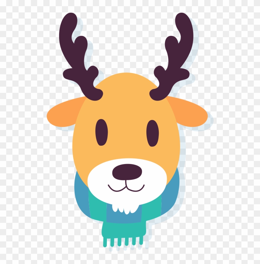Cute cartoon deer with antlers and a teal scarf on transparent background.