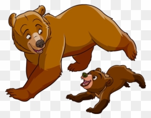 A friendly adult brown bear and a playful cub running together on transparent background.