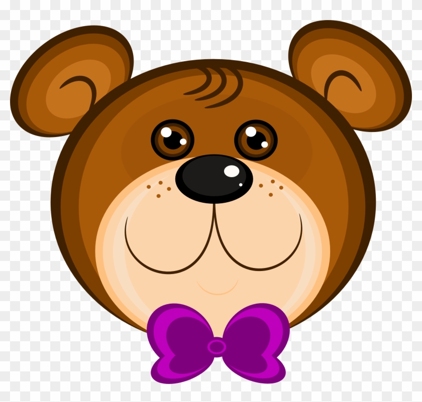 Friendly cartoon bear face with big eyes, black nose, and purple bow tie on transparent background.
