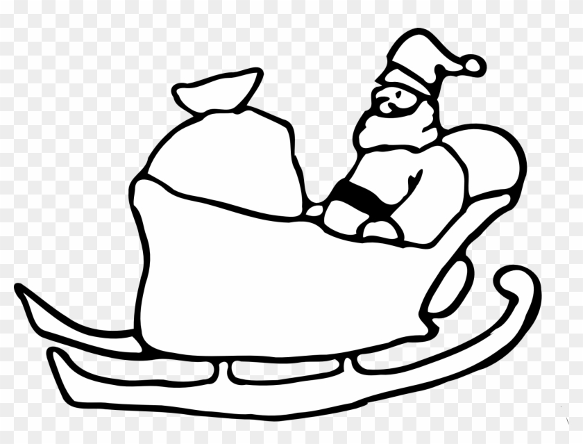 Santa Claus sitting in his sleigh with a sack of gifts, black-and-white line drawing.