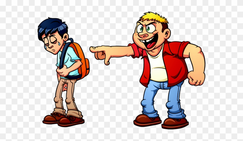 A cartoon bully points and laughs at a sad, crying boy with a backpack.