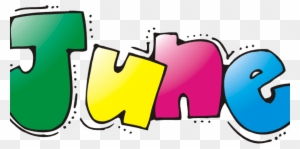 Colorful cartoon-style text spelling "June" in green, yellow, pink, and blue with black outlines and dotted shadows.