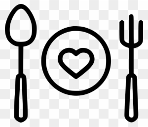 Heart-shaped icon between spoon and fork, symbolizing love for food or healthy eating.