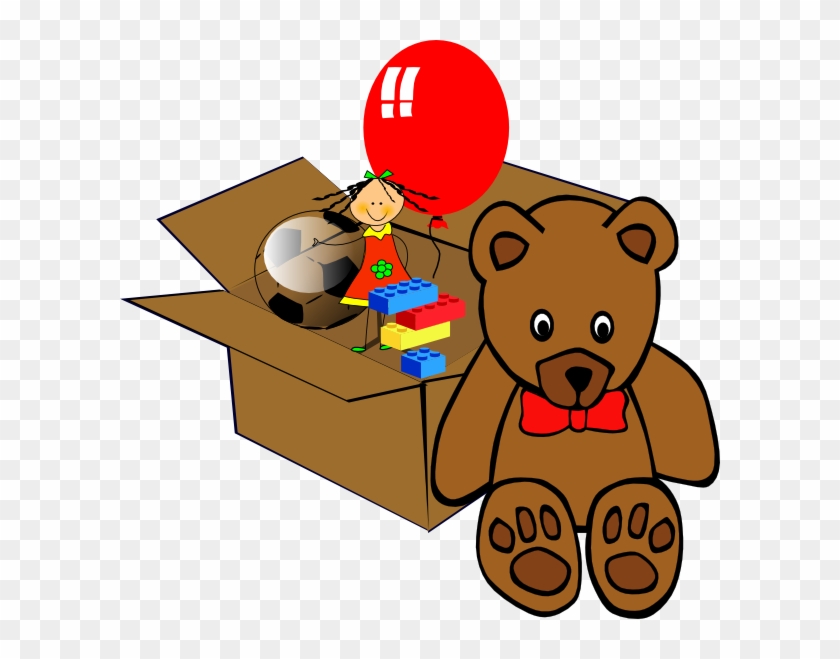 A brown teddy bear with a red bow sits beside an open cardboard box filled with toys including blocks, a doll, a soccer ball, and a red balloon.