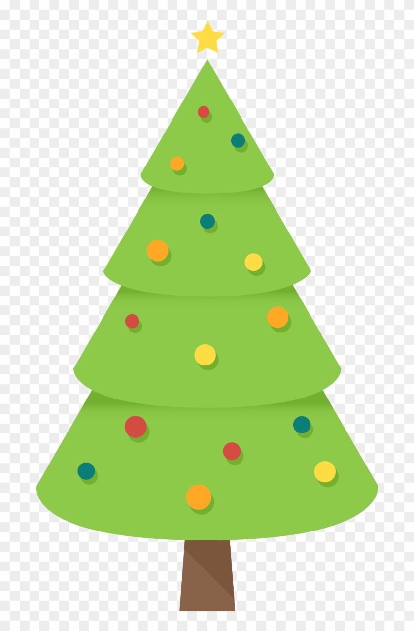 Flat-style green Christmas tree with colorful ornaments and a yellow star on top, on transparent background.