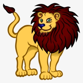 Cartoon lion with golden body, dark red mane, green eyes, and blue nose standing alert.