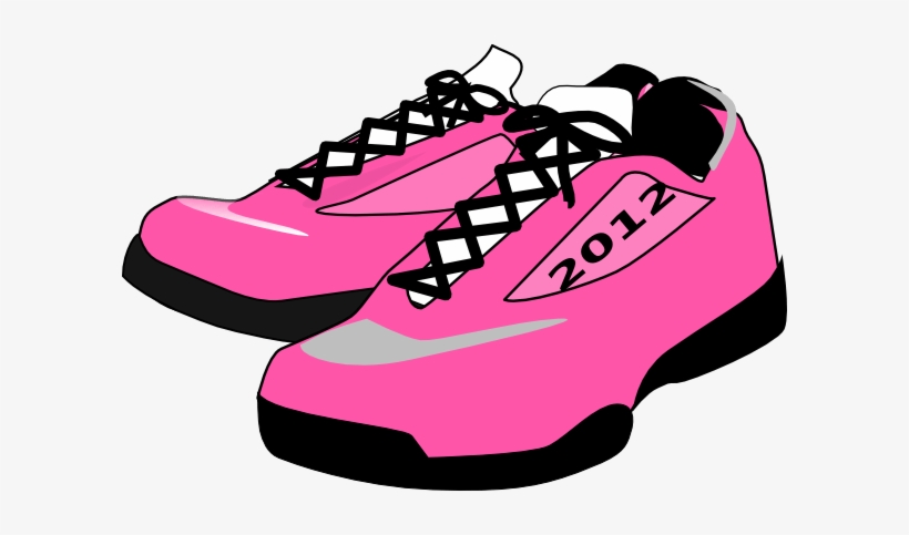 Bright pink running shoes with black laces and "2012" label, stylized vector illustration.