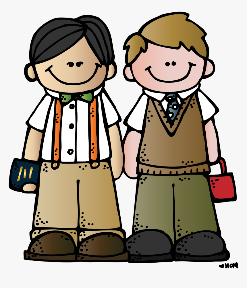 Two smiling cartoon boys in vintage-style school outfits with suspenders, vests, and lunchboxes.