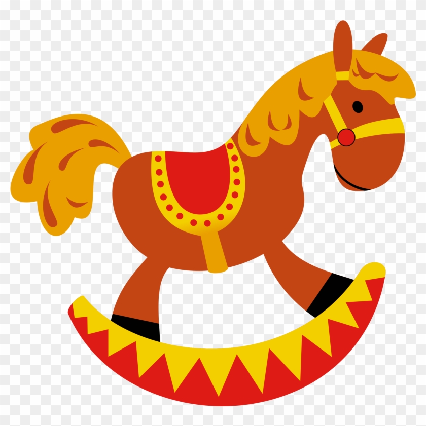Colorful cartoon rocking horse with red saddle, yellow trim, and zigzag base on transparent background.