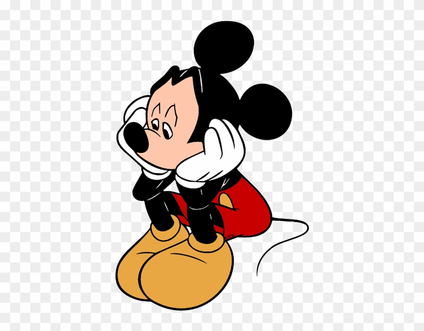 Mickey Mouse sitting thoughtfully with hands on cheeks, classic red shorts and yellow shoes.